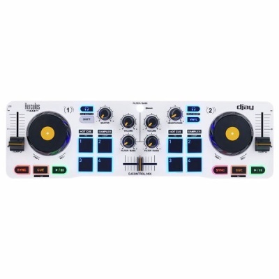 Mesa de mistura DJ Hercules DJControl Mix branca com botões coloridos e pads azuis