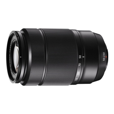 Objetiva fotográfica preta com marcações de zoom brancas no corpo