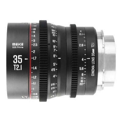 Lente de câmara de cinema Meike S35 Prime 35mm T2.1 preta com detalhes prateados