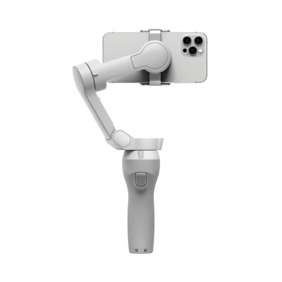 Estabilizador gimbal cinza claro com smartphone branco encaixado