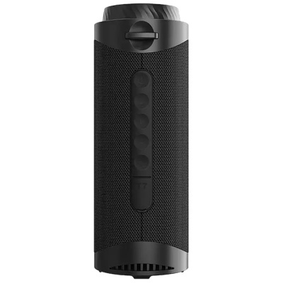 Coluna portátil preta com botões e textura de malha