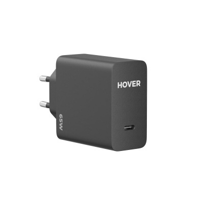 Carregador de parede preto com entrada USB-C e texto HOVER 65W