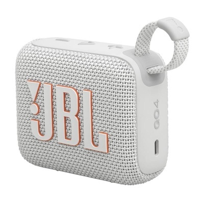 Coluna portátil JBL GO 4 branca com textura de tecido e mosquetão.
