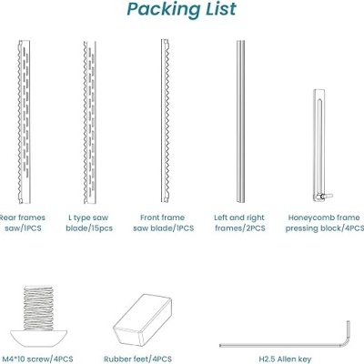 Lista de embalagem com vários componentes metálicos e peças para montagem