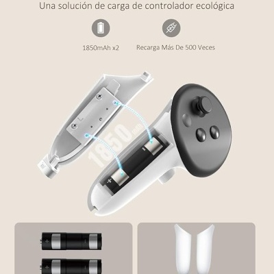 Comando de videojogo branco aberto com baterias recarregáveis e texto em espanhol