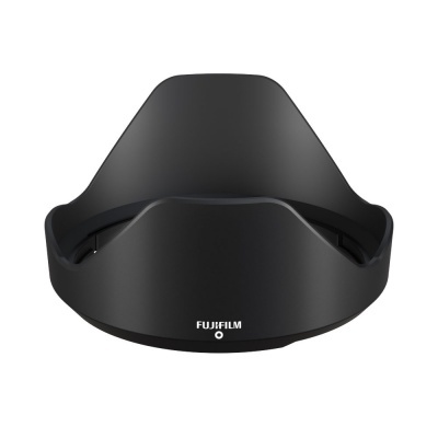 Parasol de objetiva preto da Fujifilm com texto em branco