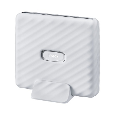 Impressora portátil Fujifilm Instax branca com textura e suporte