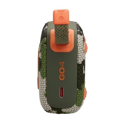 Coluna portátil JBL GO4 camuflada com clipe laranja