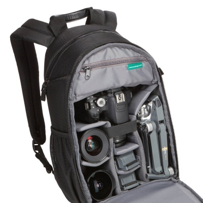 mochila preta acolchoada para equipamento de fotografia com câmara e lentes internas