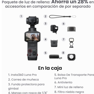 Pacote de acessórios para câmera Insta360 Luna Pro, incluindo câmera, correia, capa, suporte, bolsa, antivento, luz LED e filtro preto