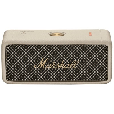 Coluna portátil Marshall beige e preto com grelha metálica e logo dourado
