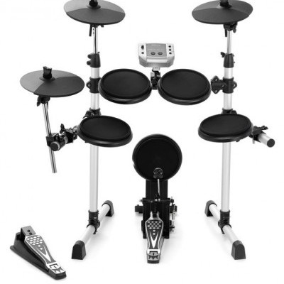 Bateria eletrónica com pads e pratos pretos e suportes brancos