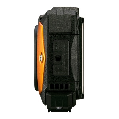 Dispositivo eletrônico preto com detalhe laranja e botão metálico