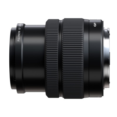 Objetiva fotográfica preta com anilhas caneladas e texto FUJINON GF