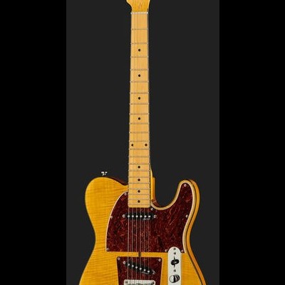 Guitarra elétrica tipo Telecaster castanha com braço claro e escudo vermelho