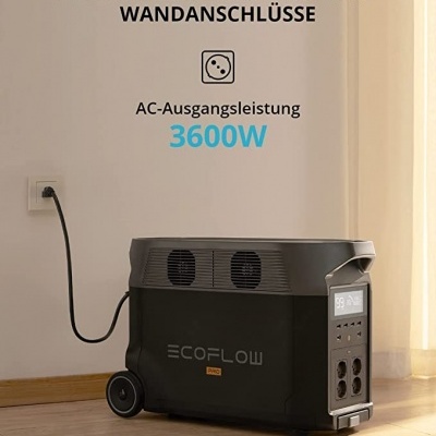 Unidade portátil de energia EcoFlow preta com ecrã digital e tomadas