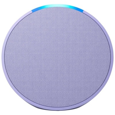 Coluna de som redonda lilás com textura de rede e luzes LED azuis.