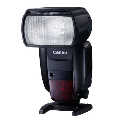 Flash externo preto Canon com vidro branco e vermelho