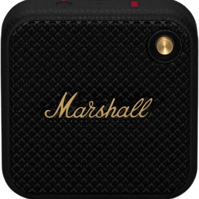Coluna portátil Marshall preta com textura e detalhes em dourado e vermelho