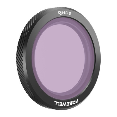 Filtro fotográfico circular preto com lente roxa e texto branco ND8 Freewell