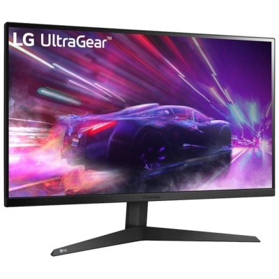 Monitor LG UltraGear com ecrã amplo e base preta em forma de V invertido