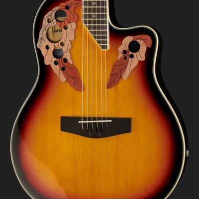 Guitarra acústica sunburst com decoração de folhas em relevo e cordas metálicas