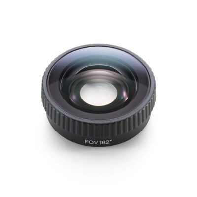 Lente fotográfica preta com indicação FOV 182° sobre fundo branco
