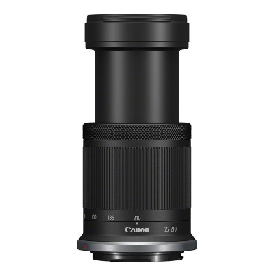 Objetivo de câmara Canon preto com texto 55-210 e marcações de zoom