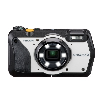 Máquina fotográfica digital Ricoh G900SE II preto e branco com lente central e botão amarelo