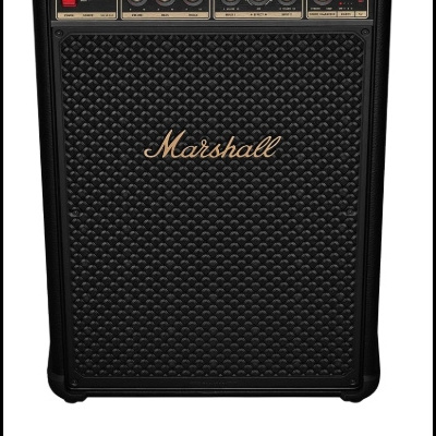 Amplificador Marshall preto com botões dourados e manual