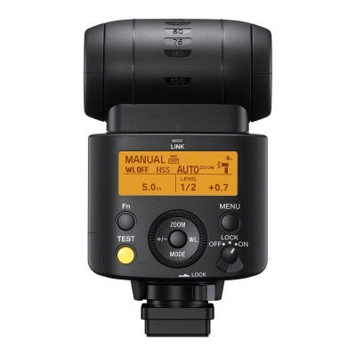 Flash de câmara fotográfica preto com visor digital laranja