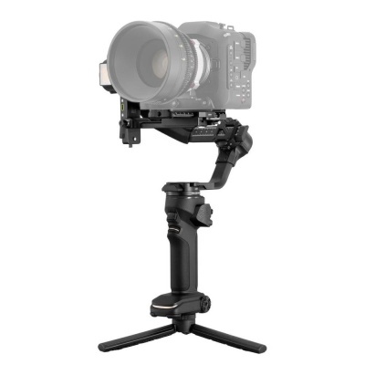 Estabilizador de câmera preto com tripé de mesa e suporte para câmera.