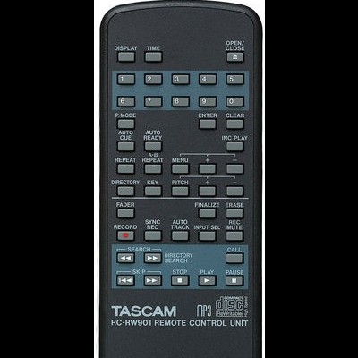 Comando remoto TASCAM preto com botões e texto impresso