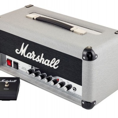 Cabeça de amplificador de guitarra elétrica Marshall cinza e preto com botões metálicos