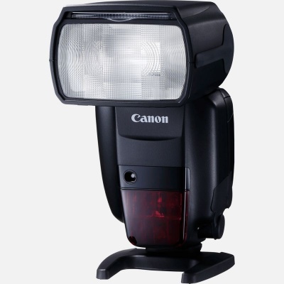 Flash externo preto para câmara Canon com difusor branco e painel vermelho