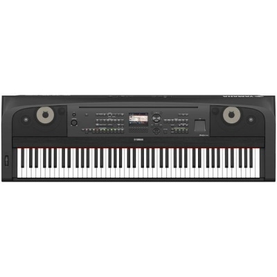 Teclado digital preto Yamaha com 88 teclas, botões e altifalantes embutidos
