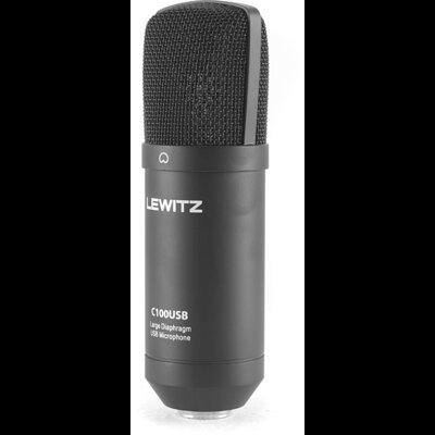 Microfone preto LEWITZ C100USB com grelha metálica e texto branco