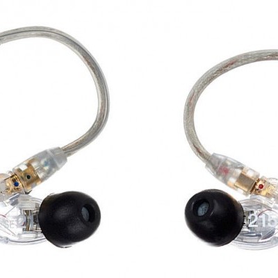 Auriculares intra-auriculares transparentes com pontas pretas em silicone