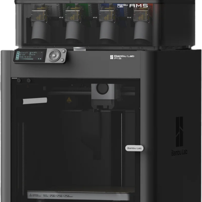 Impressora 3D Bambu Lab P1S preta com sistema de filamentos coloridos