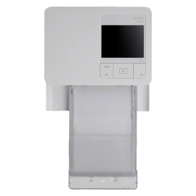 Impressora fotográfica branca compacta com ecrã digital e botões frontais