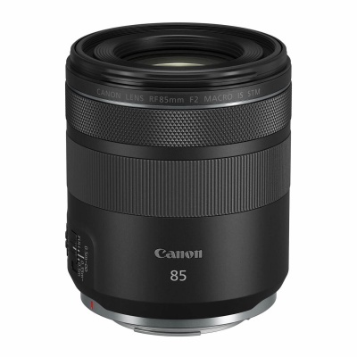 Objetiva Canon RF 85mm F2 MACRO IS STM preta com texto branco