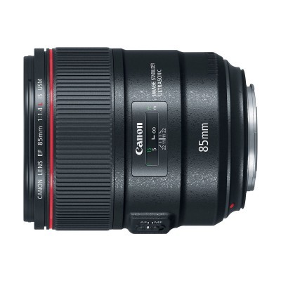 Lente de câmara Canon EF 85mm preto com anel texturizado e detalhes vermelhos