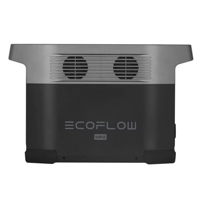 Gerador portátil ECOFLOW MINI preto com painel cinza metálico e duas ventoinhas