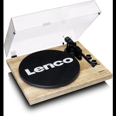 Leitor de vinil Lenco com base em madeira clara e tampa transparente aberta