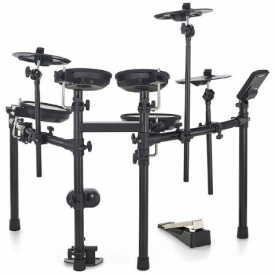 Bateria eletrónica preta com estrutura metálica e pedaleira