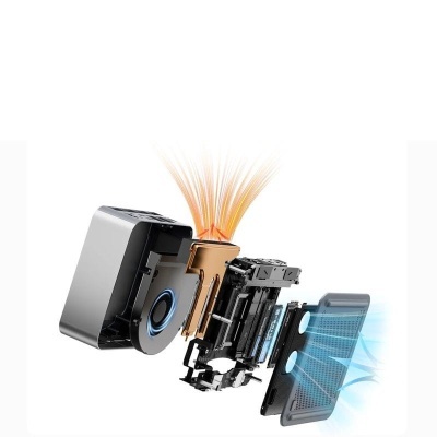 Dispositivo de purificação de ar desmontado mostrando filtros e componentes internos