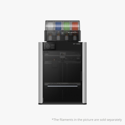 Impressora 3D preta e cinza com filamentos coloridos na parte superior