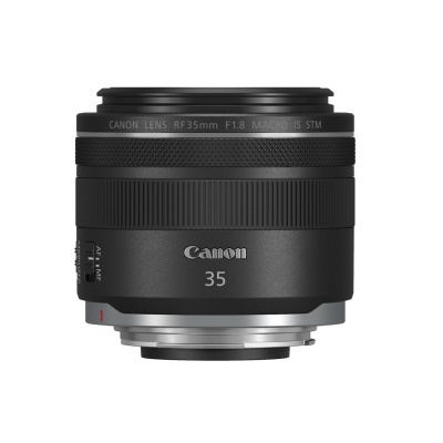 Lente de câmara Canon RF35mm F1.8 MACRO IS STM preta com anel texturizado e base prateada