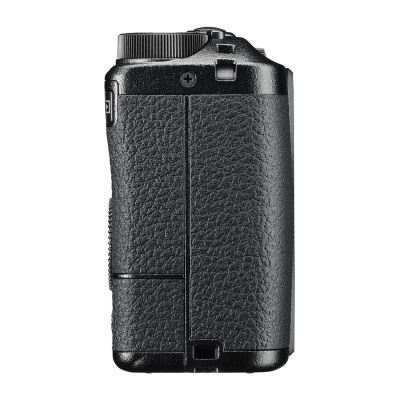 Câmera fotográfica compacta preta vista de lado