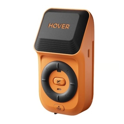 Dispositivo eletrónico portátil laranja e preto com texto HOVER e botões circulares